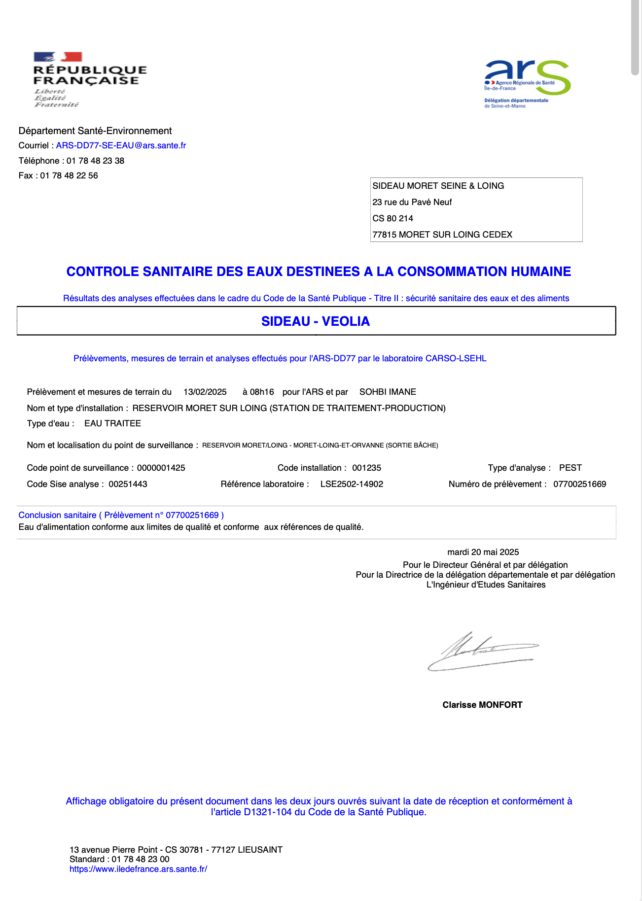 résultats des analyses réalisées dans le cadre du contrôle sanitaire réglementaire de l’ARS 77